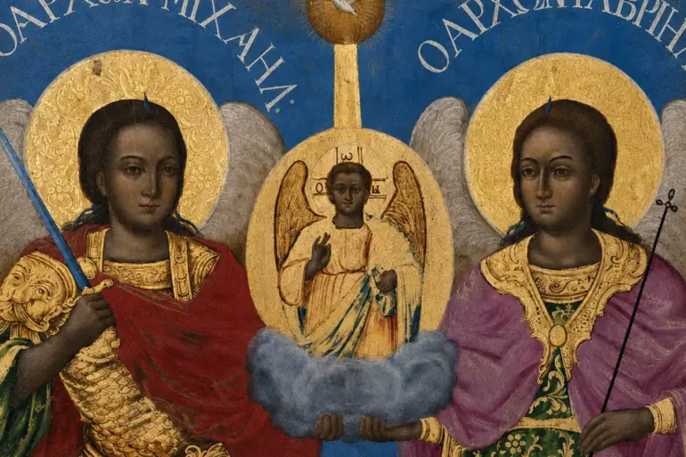 Michael And Gabriel Icon With The Two Archangels, Winged Christ And The Holy Spirit Above.