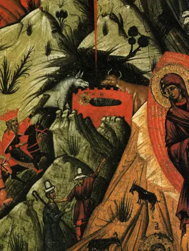 Dettaglio Della Natività Di Cristo Con La Madre Di Dio E I Magi Sul Monte