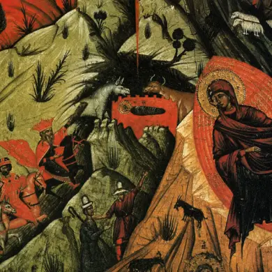 Dettaglio Della Natività Di Cristo Con La Madre Di Dio E I Magi Sul Monte