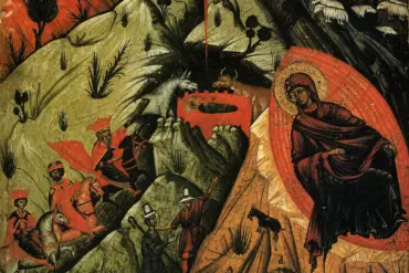 Détail De La Nativité Du Christ, La Mère De Dieu Et Les Mages Sur La Montagne.