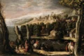 Cena Renascentista De Caça Ao Veado Com Cavaleiros Cortesãos E Barcos Em Um Rio