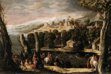 Scena Rinascimentale Di Caccia Al Cervo Con Cavalieri Di Corte E Barche Su Un Fiume