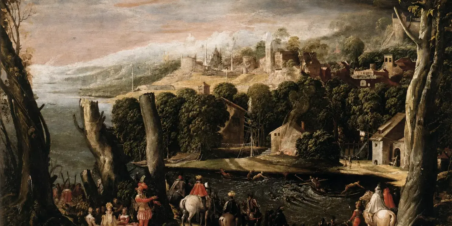 Niccolò Dell'Abate Stag Hunt With Riders, River And Courtly Figures In A Landscape
