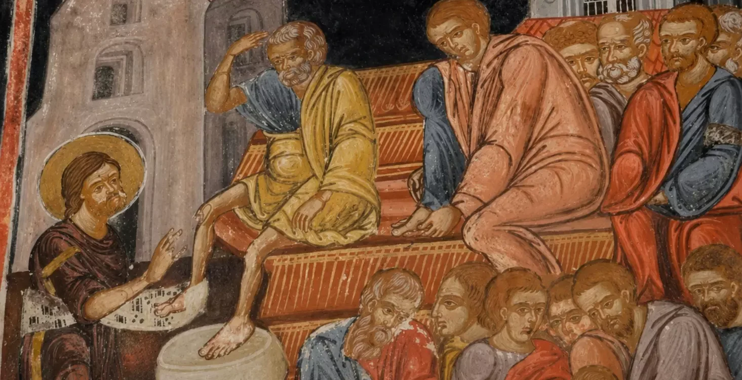 Ο Νιπτήρ: Τοιχογραφία Ιερέα Αντωνίου, Μετέωρα 18 Ο Χριστός Πλένει Τα Πόδια Των Μαθητών, Τοιχογραφία Του Νιπτήρος Στα Μετέωρα