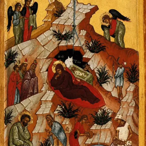 Novgorod Nativity Icon With The Theotokos, Christ Child, Magi, Saints And Shepherds