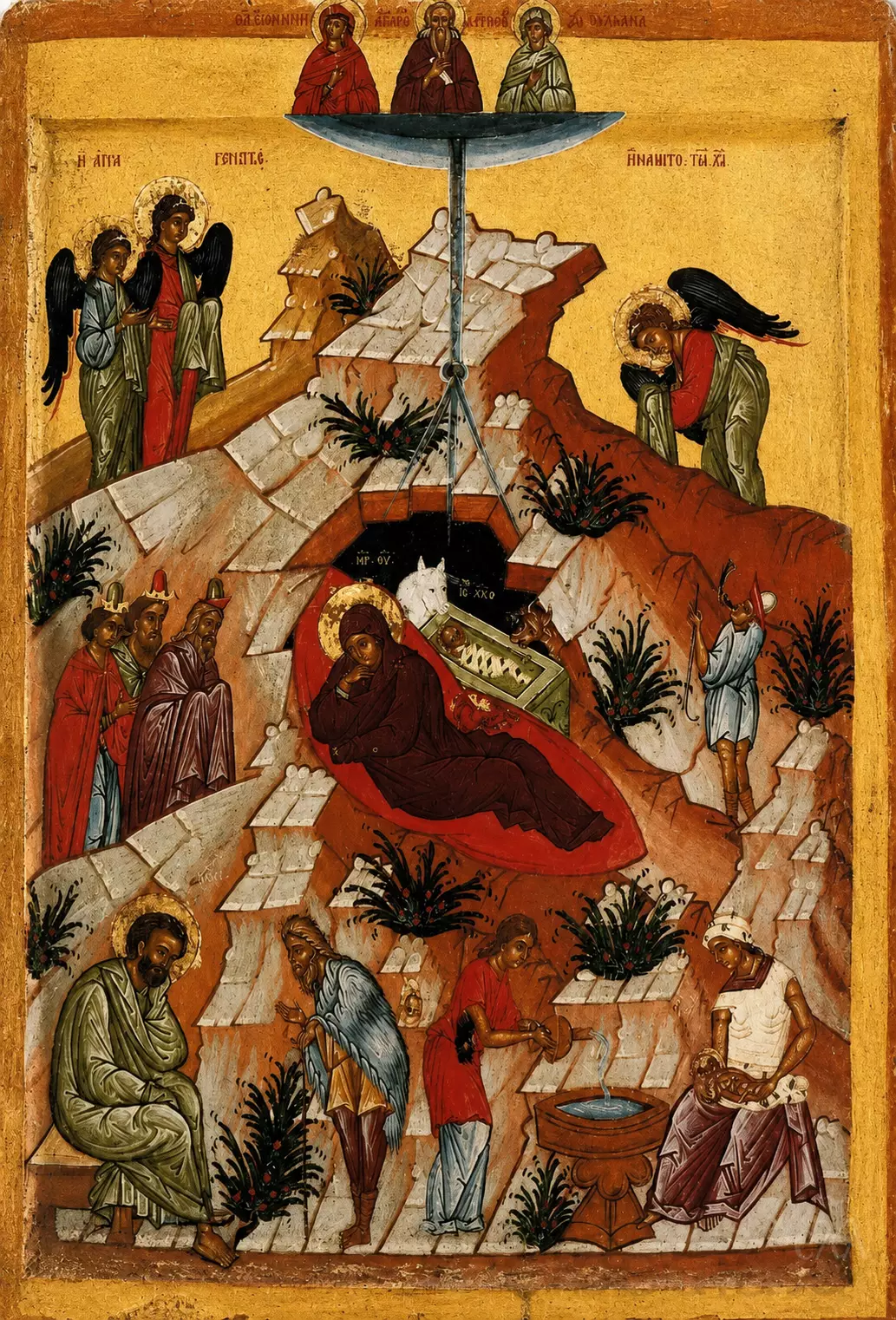 Novgorod Nativity Icon With The Theotokos, Christ Child, Magi, Saints And Shepherds