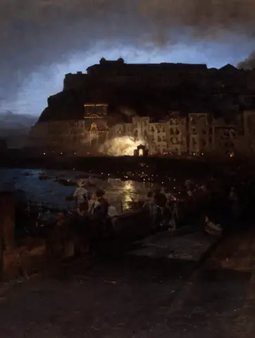Fireworks In Naples By Oswald Achenbach Showing Crowds And Lights Along The Bay.