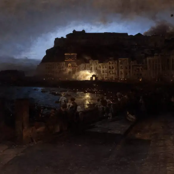Fireworks In Naples By Oswald Achenbach Showing Crowds And Lights Along The Bay.