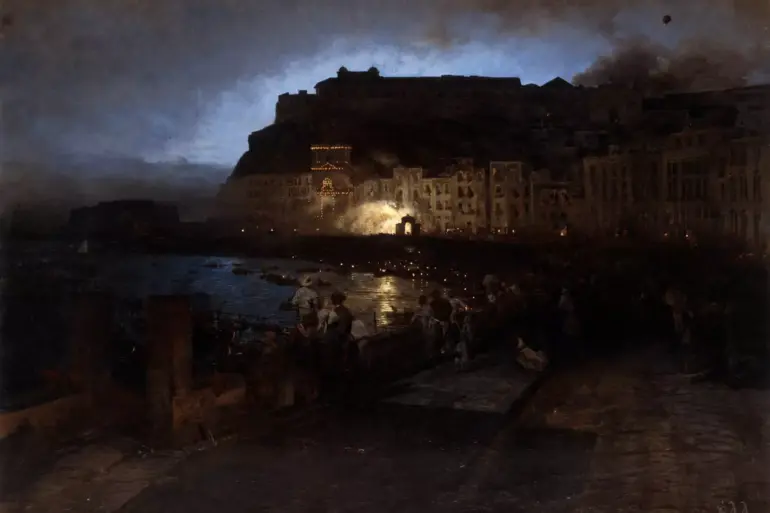 Fireworks In Naples By Oswald Achenbach Showing Crowds And Lights Along The Bay.