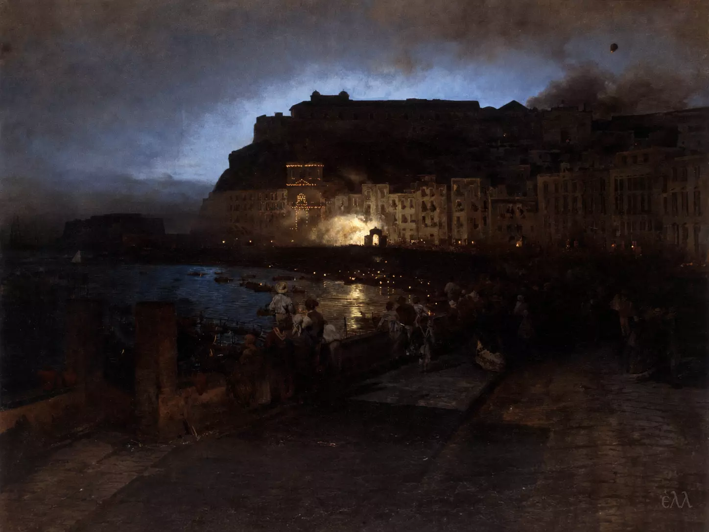 Fireworks In Naples By Oswald Achenbach Showing Crowds And Lights Along The Bay.