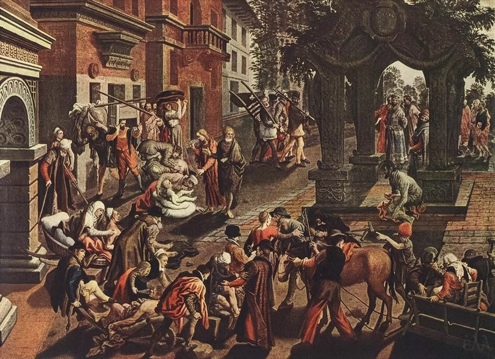 Pieter Aertsen Apostles Peter And John Depicting The Healing At The Beautiful Gate Amid A Crowded Urban Scene Of The Sick, Disabled And Poor.