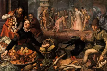 Pieter Aertsen Christ And The Adulteress Painting With A Crowded Market Foreground And The Biblical Scene In The Distance.