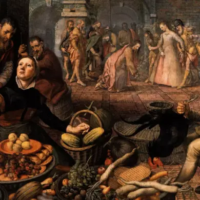 Pieter Aertsen Christ And The Adulteress Painting With A Crowded Market Foreground And The Biblical Scene In The Distance.