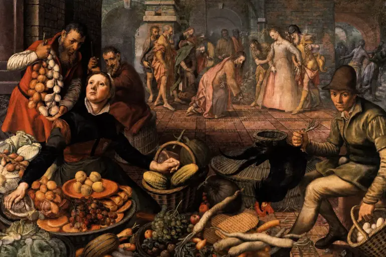 Pieter Aertsen Christ And The Adulteress Painting With A Crowded Market Foreground And The Biblical Scene In The Distance.
