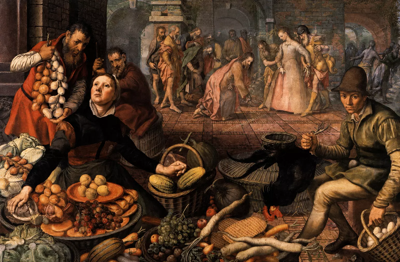Pieter Aertsen Christ And The Adulteress Painting With A Crowded Market Foreground And The Biblical Scene In The Distance.