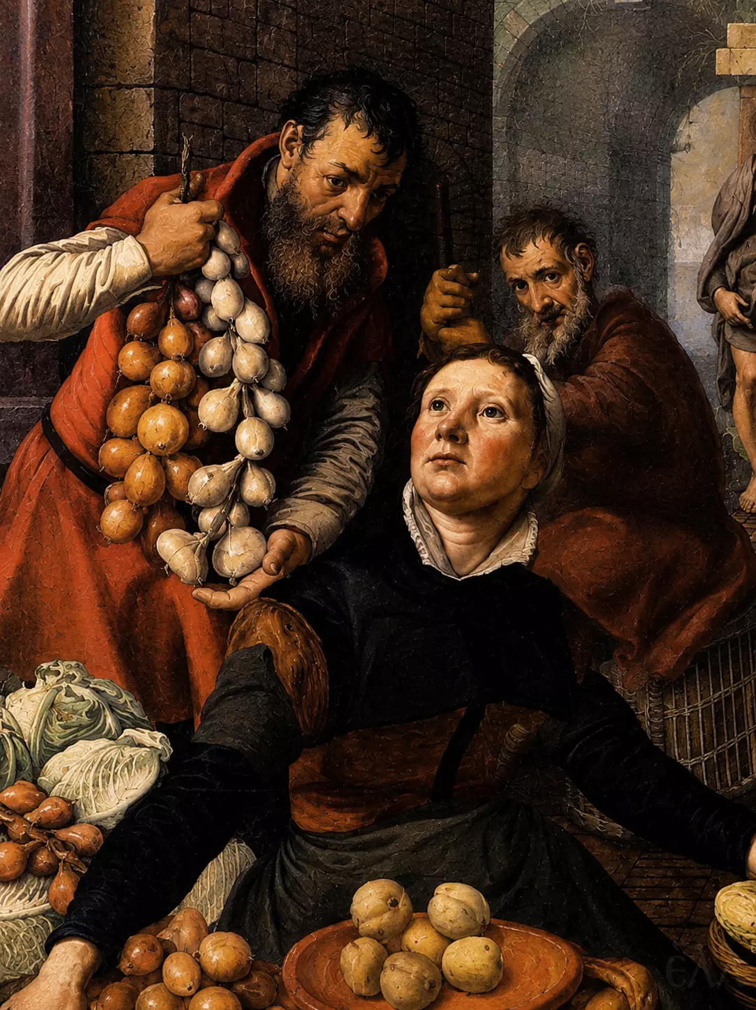 Pieter Aertsen Christ And The Adulteress Detail Showing Seated Vendors, Onions, Garlic And Market Produce.