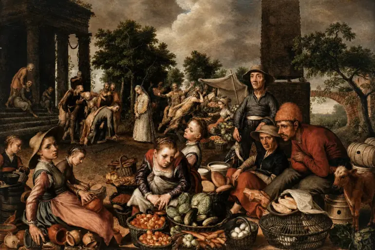 Market Scene With Christ And The Adulteress By Pieter Aertsen, With Market Goods And Figures