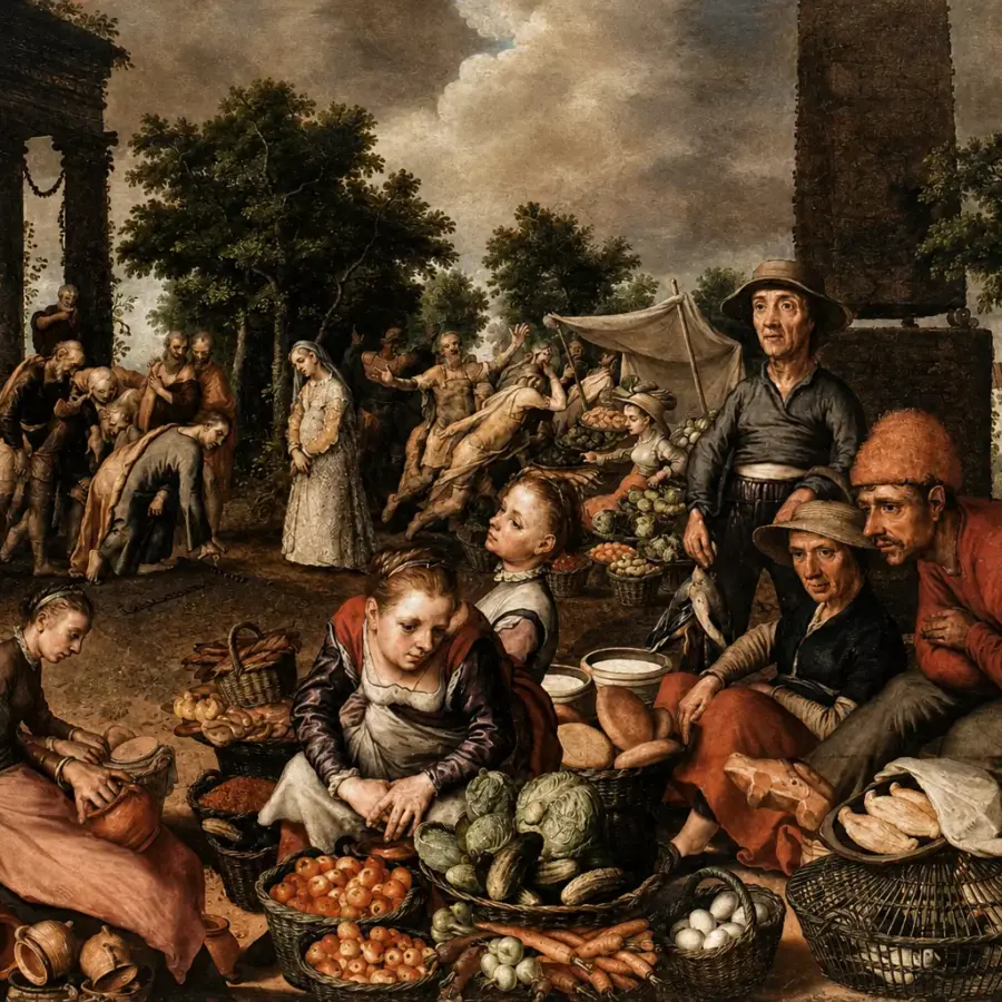 Market Scene With Christ And The Adulteress By Pieter Aertsen, With Market Goods And Figures