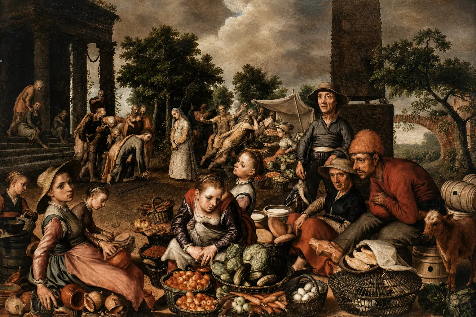 Market Scene With Christ And The Adulteress By Pieter Aertsen, With Market Goods And Figures