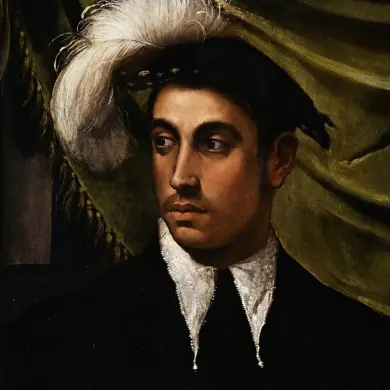 Détail Du Portrait Avec Un Perroquet, Visage D'Homme Avec Chapeau À Plumes, Art De La Renaissance
