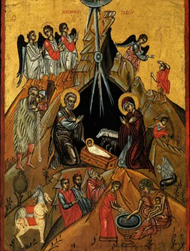 Post-Byzantine Icon Of The Nativity Showing Mary Kneeling By The Swaddled Infant.