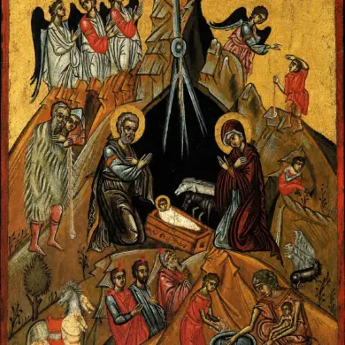 Post-Byzantine Icon Of The Nativity Showing Mary Kneeling By The Swaddled Infant.
