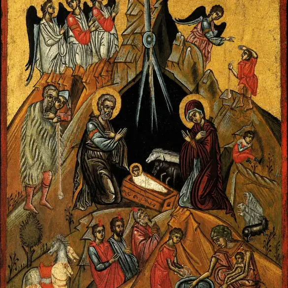 Post-Byzantine Icon Of The Nativity Showing Mary Kneeling By The Swaddled Infant.