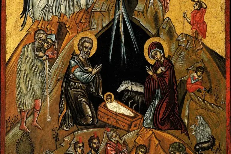 Post-Byzantine Icon Of The Nativity Showing Mary Kneeling By The Swaddled Infant.