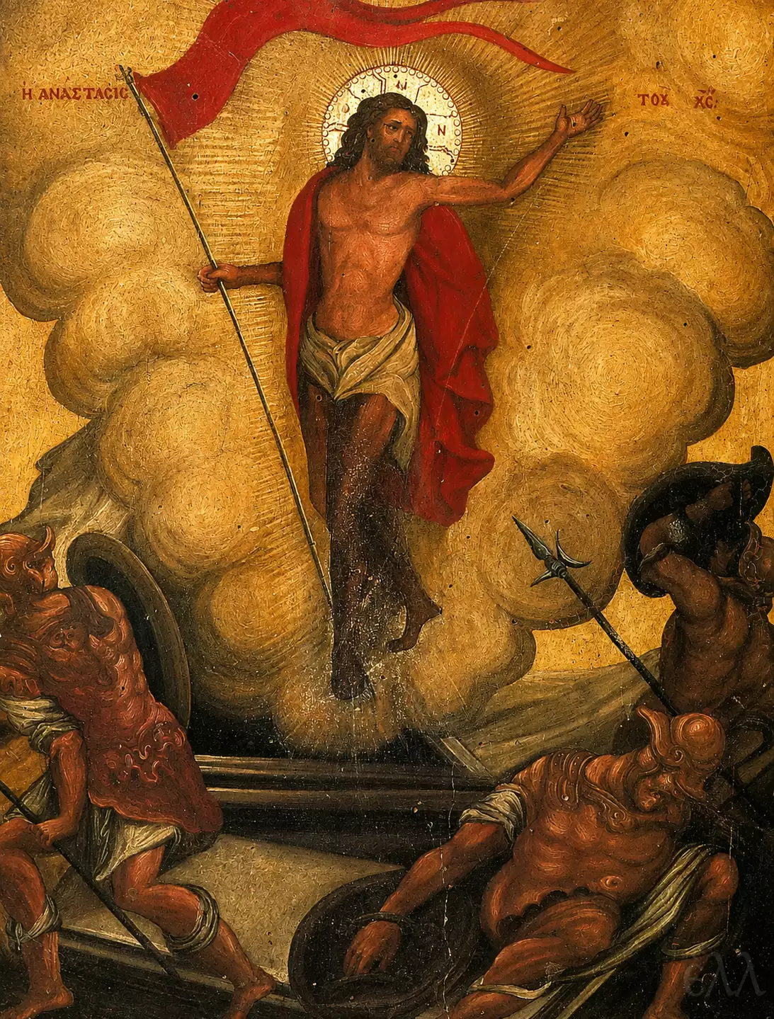 Post-Byzantine Resurrection Icon With Christ Above The Tomb, Red Banner And Fallen Guards