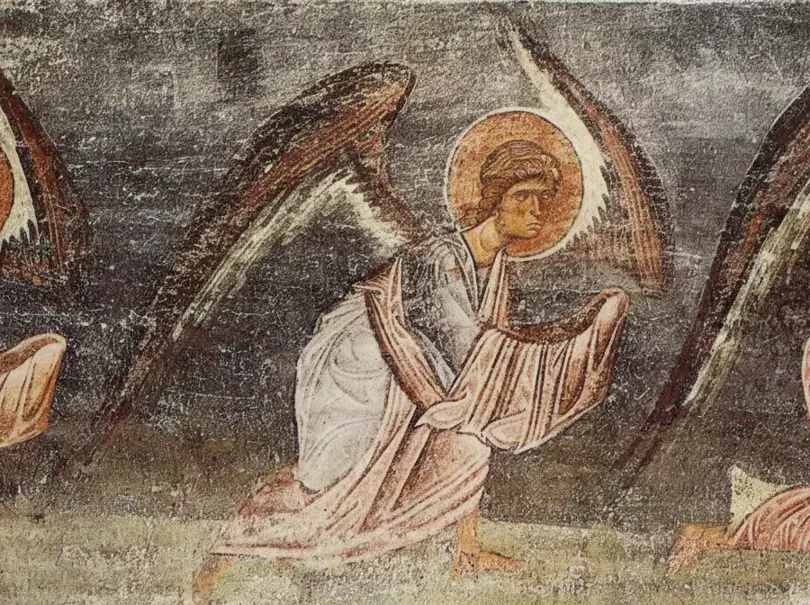 Procession Of Angels At Hagia Sophia, Ohrid, With Kneeling Figures And Veiled Hands