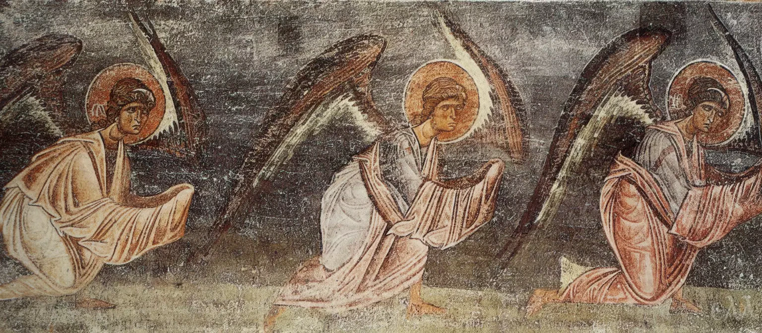 Procession Of Angels At Hagia Sophia, Ohrid, With Kneeling Figures And Veiled Hands