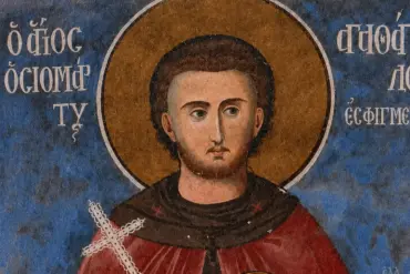 Santo Agathangelos dari Esphigmenou dengan Rambut Keriting dan Lingkaran Cahaya Emas yang Lebar
