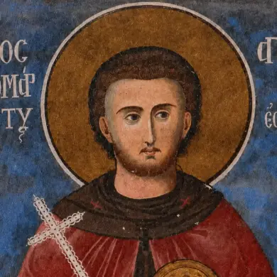Saint Agathangelos Of Esphigmenou With Curled Hair And A Broad Gold Halo