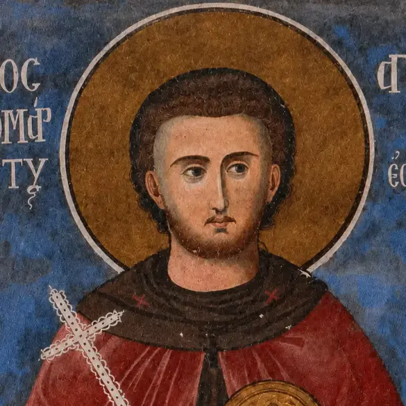 Saint Agathangelos Of Esphigmenou With Curled Hair And A Broad Gold Halo