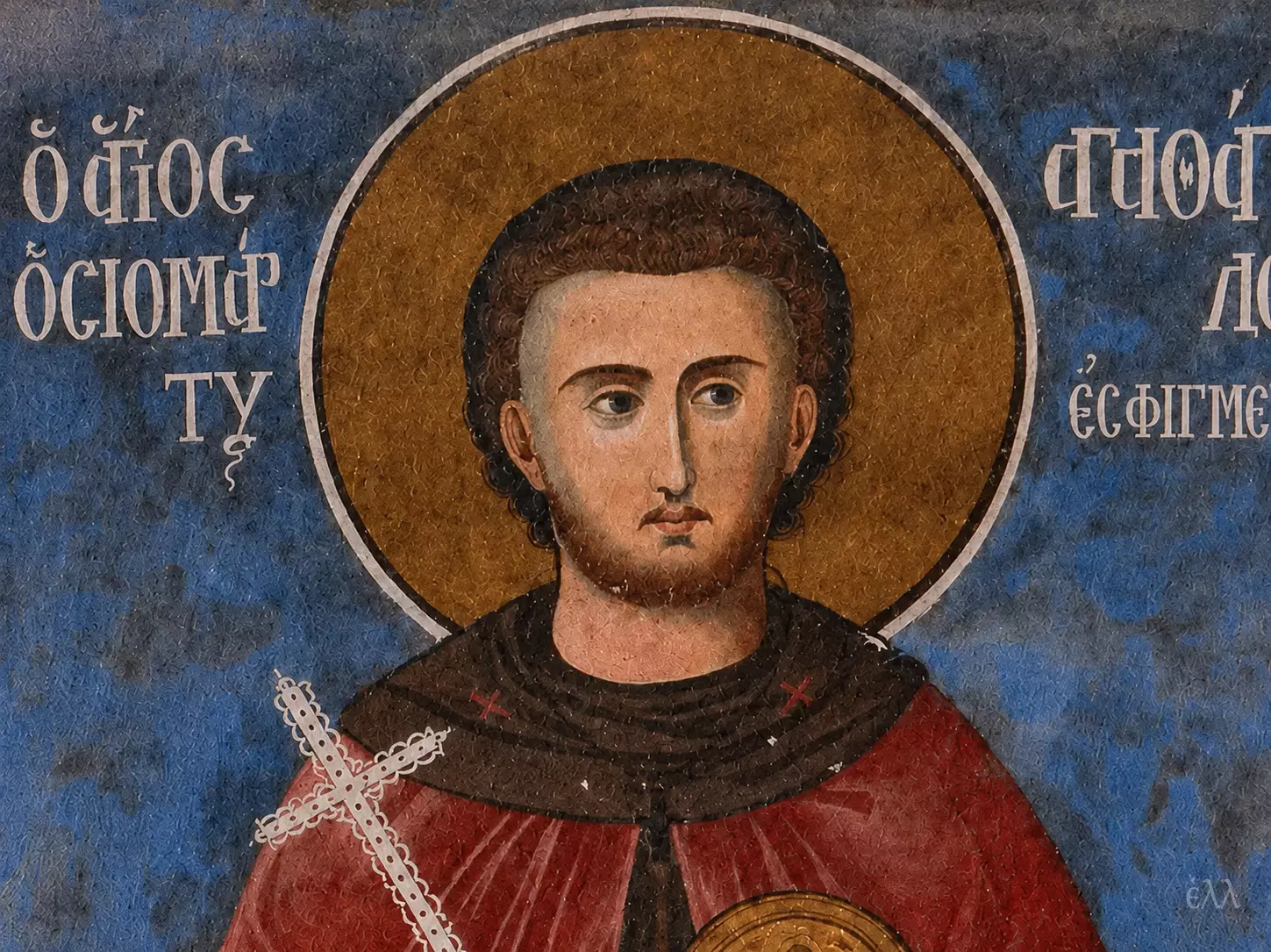 Sfântul Agatangelo de Esfigmenou cu părul ondulat și o aureolă largă de aur