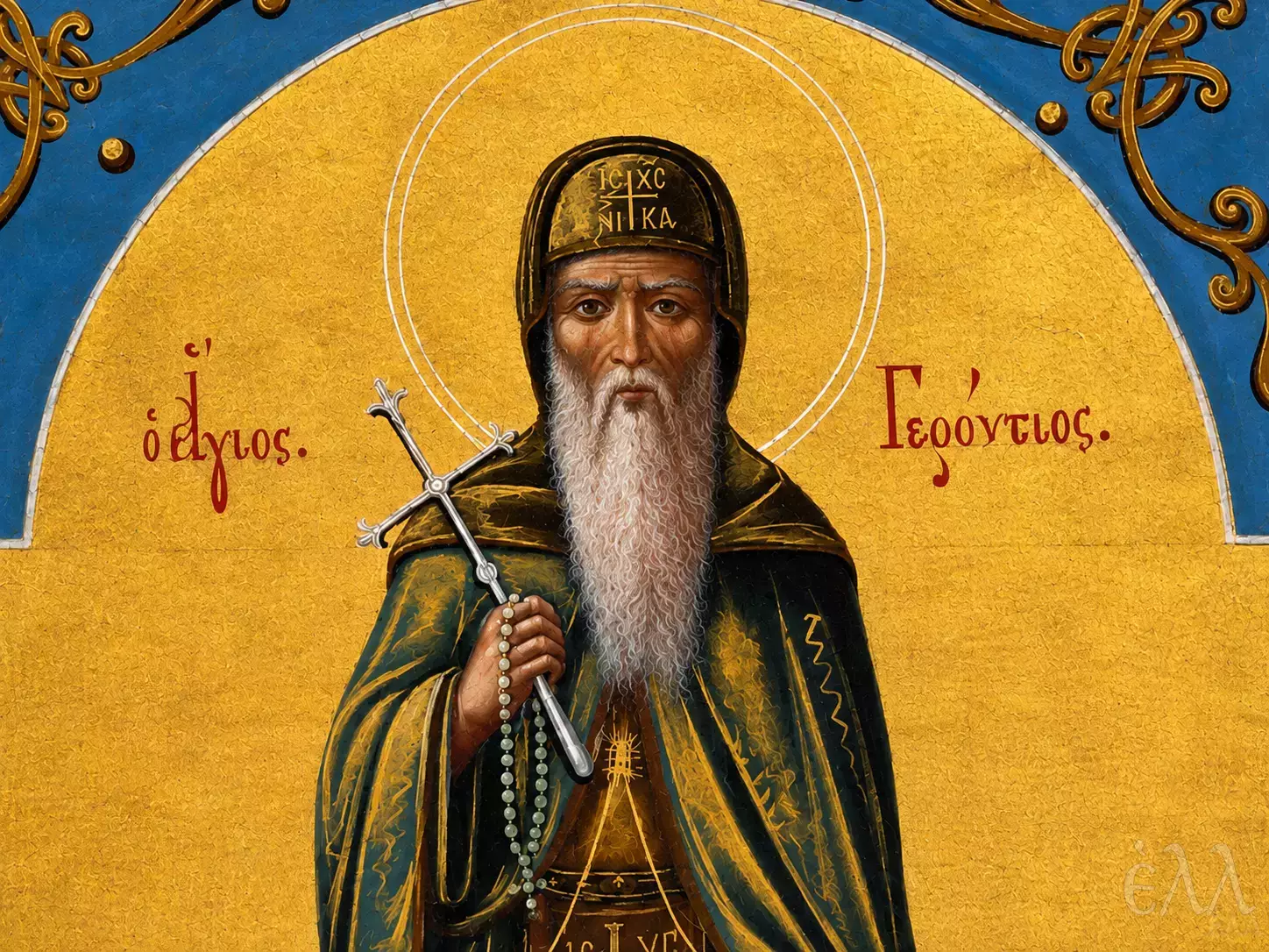 Saint Gerontios Of Saint Anne Icon Detail With Cross, Prayer Rope And Gold Ground