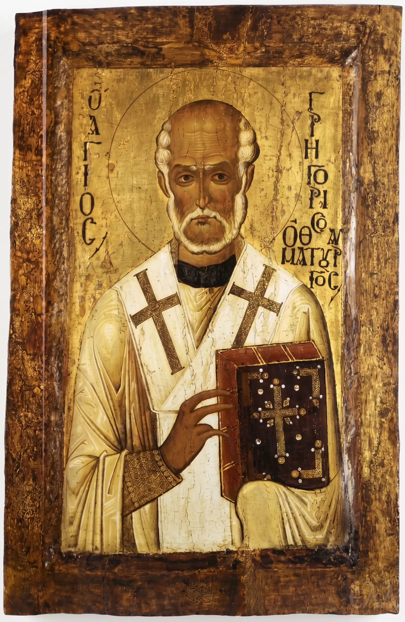 Saint Gregory The Wonderworker Icon With Gospel Book And White Episcopal Vestments