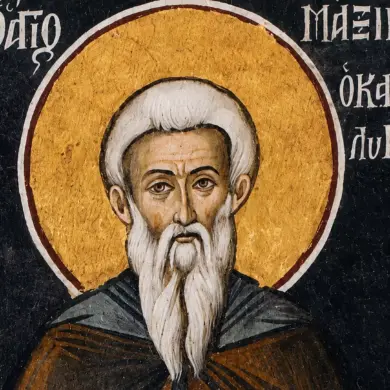 Close-Up Detail Of The Saint Maximos Kafsokalyvites Fresco, Face And Ochre Halo.