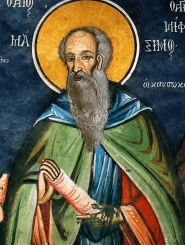 Saint Maximos Kausokalybites Wall Painting With Scroll And Ochre Halo At Nea Skete