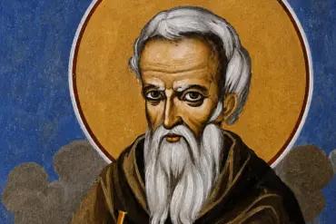 Saint Maximos Kausokalyvites Wall Painting Detail With White Beard And Gold Halo