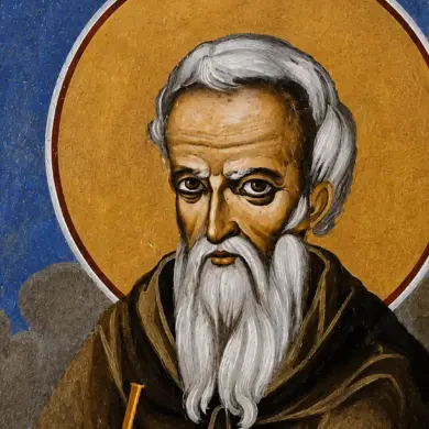 Saint Maximos Kausokalyvites Wall Painting Detail With White Beard And Gold Halo