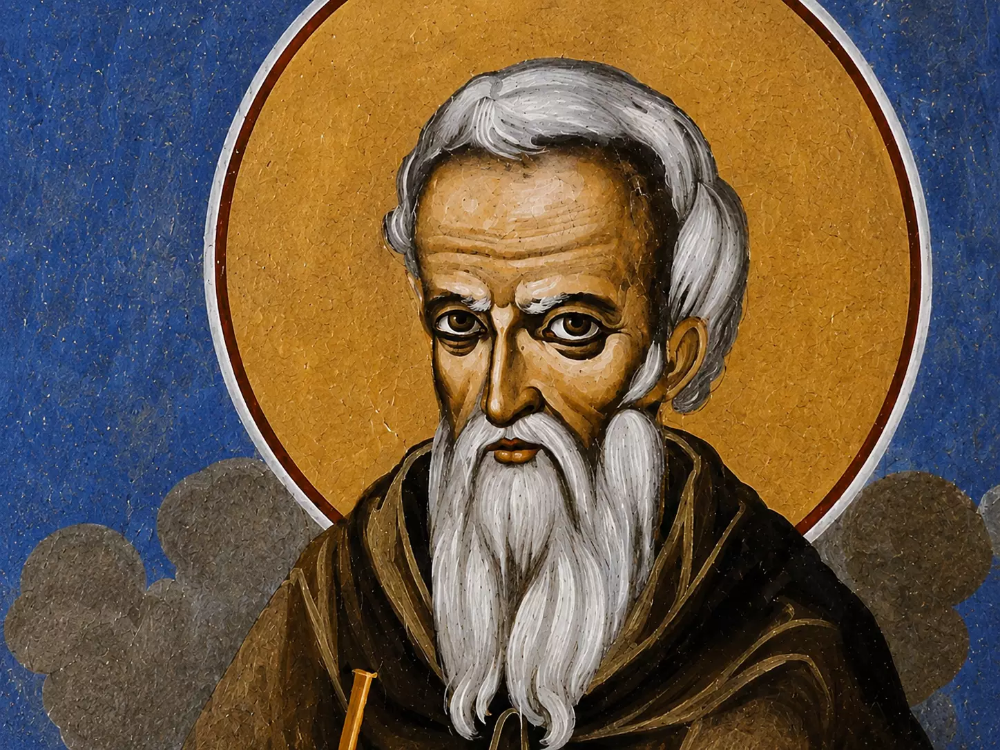 Saint Maximos Kausokalyvites Wall Painting Detail With White Beard And Gold Halo