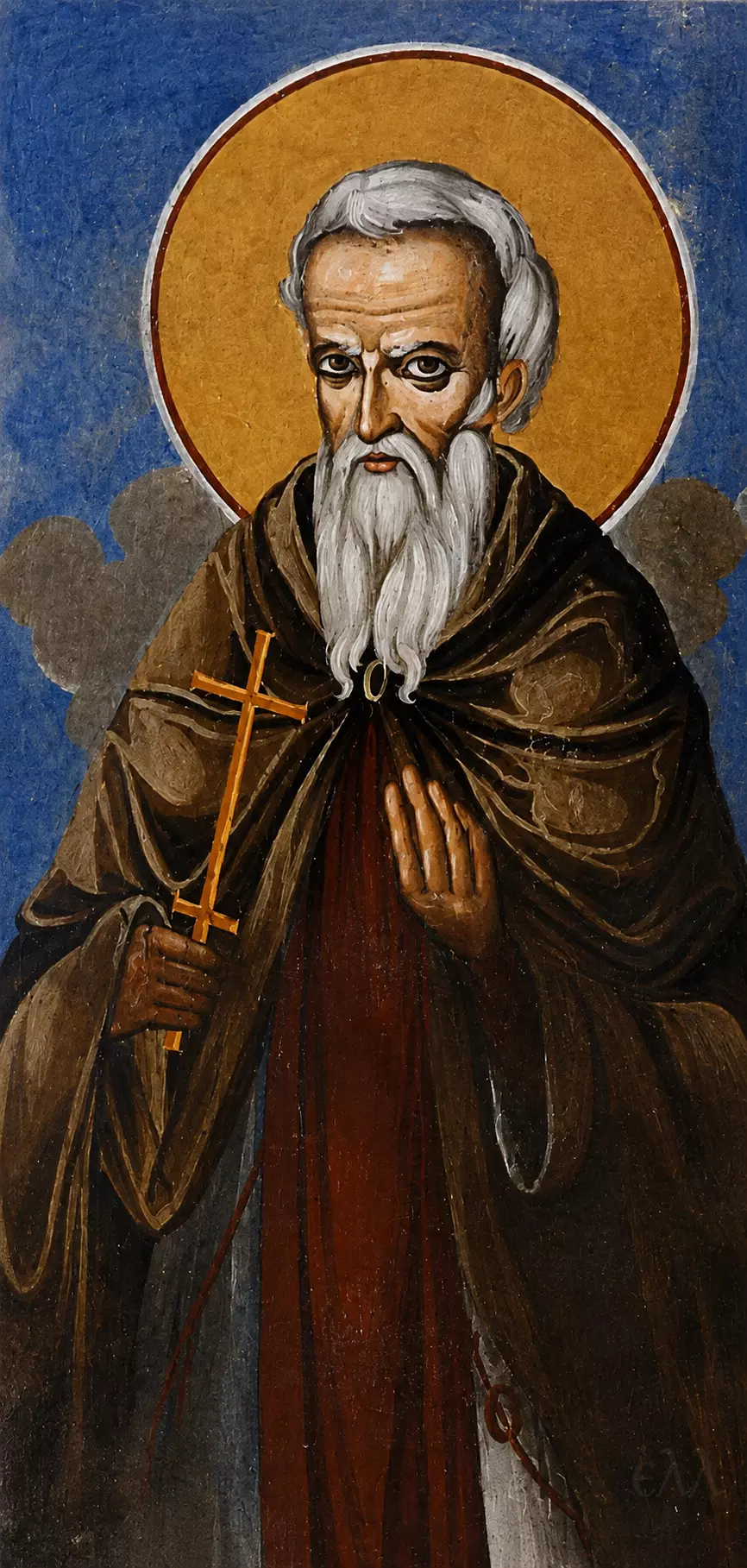 Saint Maximos Kausokalyvites Wall Painting At Hilandar Holding A Double Cross