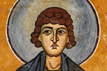 Close-Up Of The Saint Niketas Fresco At Hosios Loukas Revealing The Stylized Spiral Hair And Distinct Facial Modeling.