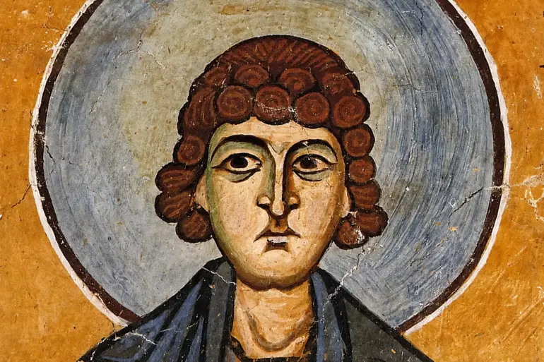 Close-Up Of The Saint Niketas Fresco At Hosios Loukas Revealing The Stylized Spiral Hair And Distinct Facial Modeling.