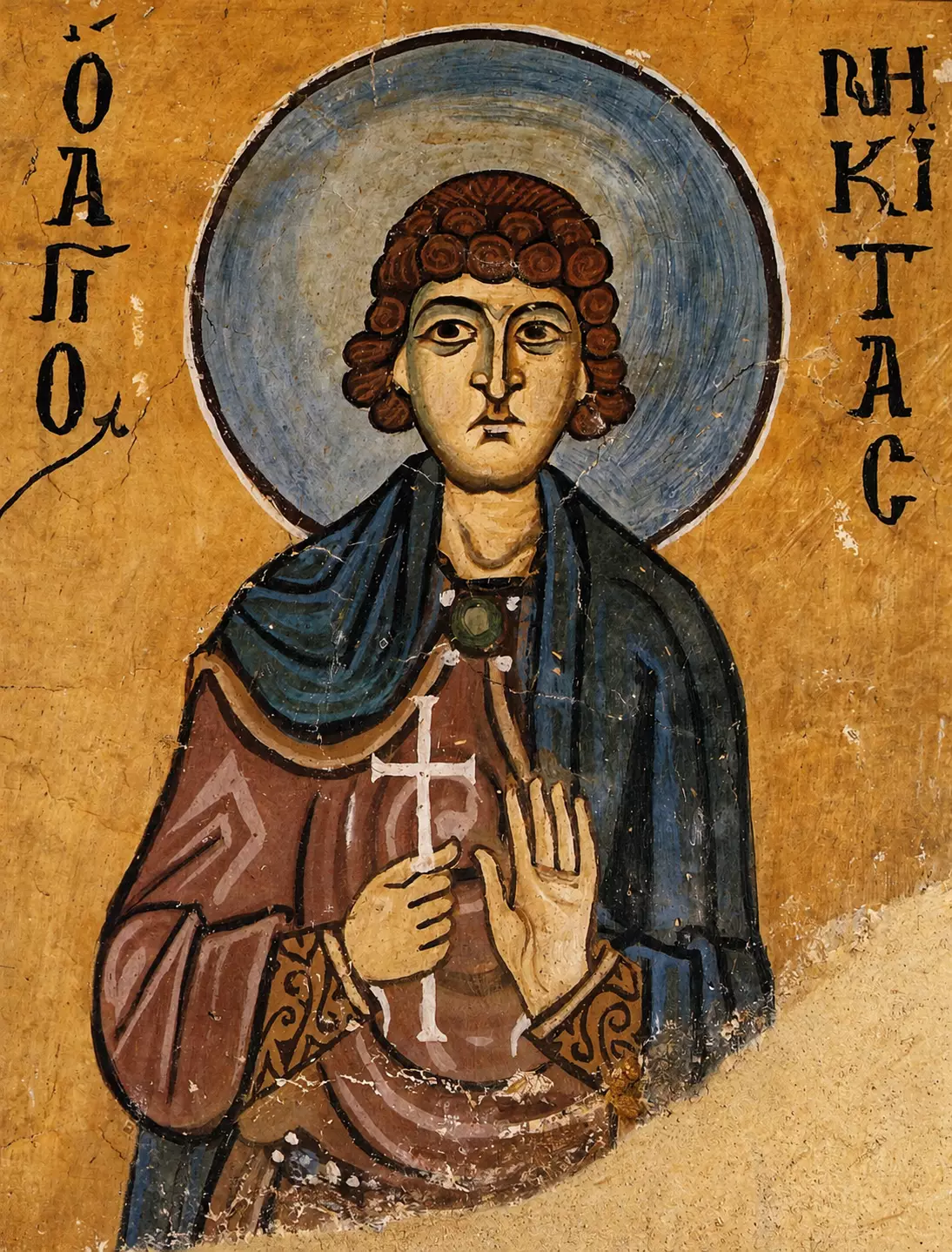 A Half-Length Portrait Of The Saint Niketas Fresco At Hosios Loukas Showing The Young Martyr Holding A White Cross.
