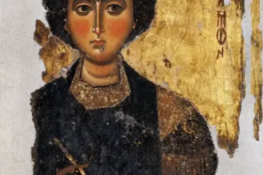Saint Panteleimon Icon From Great Lavra With Youthful Face And Gilded Medical Instrument