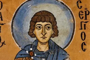 Close-Up Face Of Saint Sergius Fresco Showing Curly Hair And Blue Halo