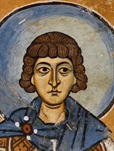 Close-Up Face Of Saint Sergius Fresco Showing Curly Hair And Blue Halo