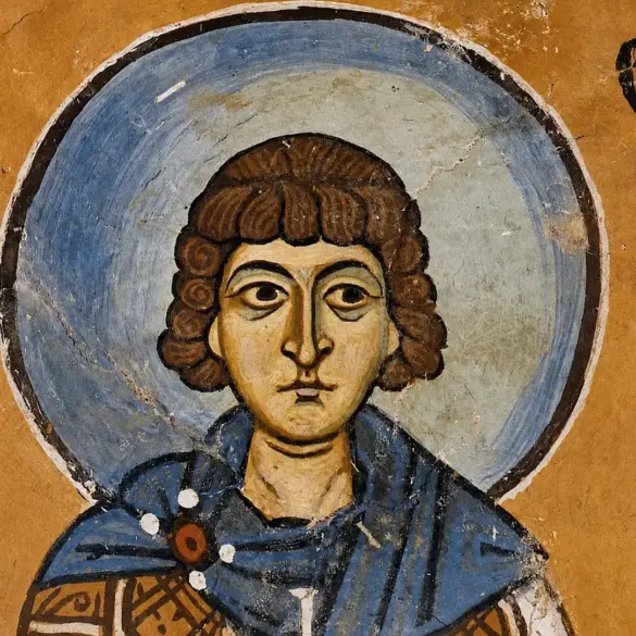 Close-Up Face Of Saint Sergius Fresco Showing Curly Hair And Blue Halo